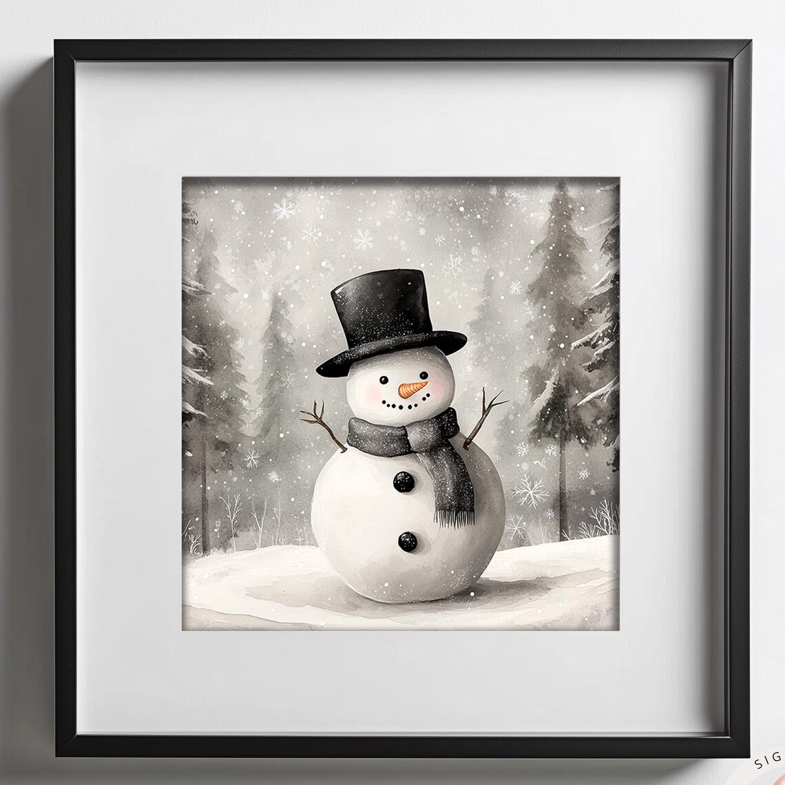 Cheerful Snowman Illustration, Minimalist Christmas Art Print