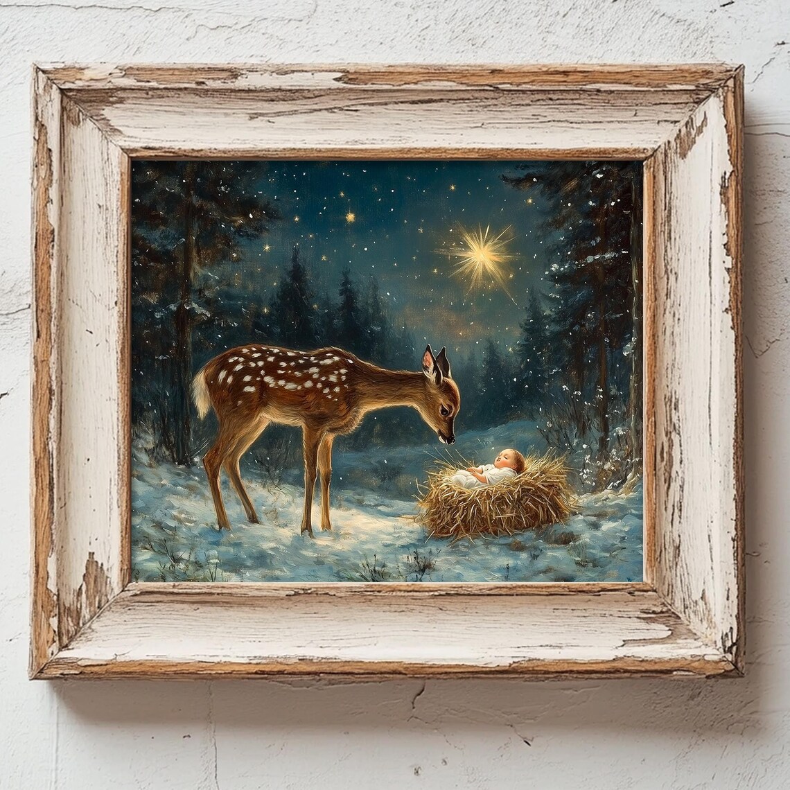 Baby Jesus and Deer Nativity Christmas Wall Art Print
