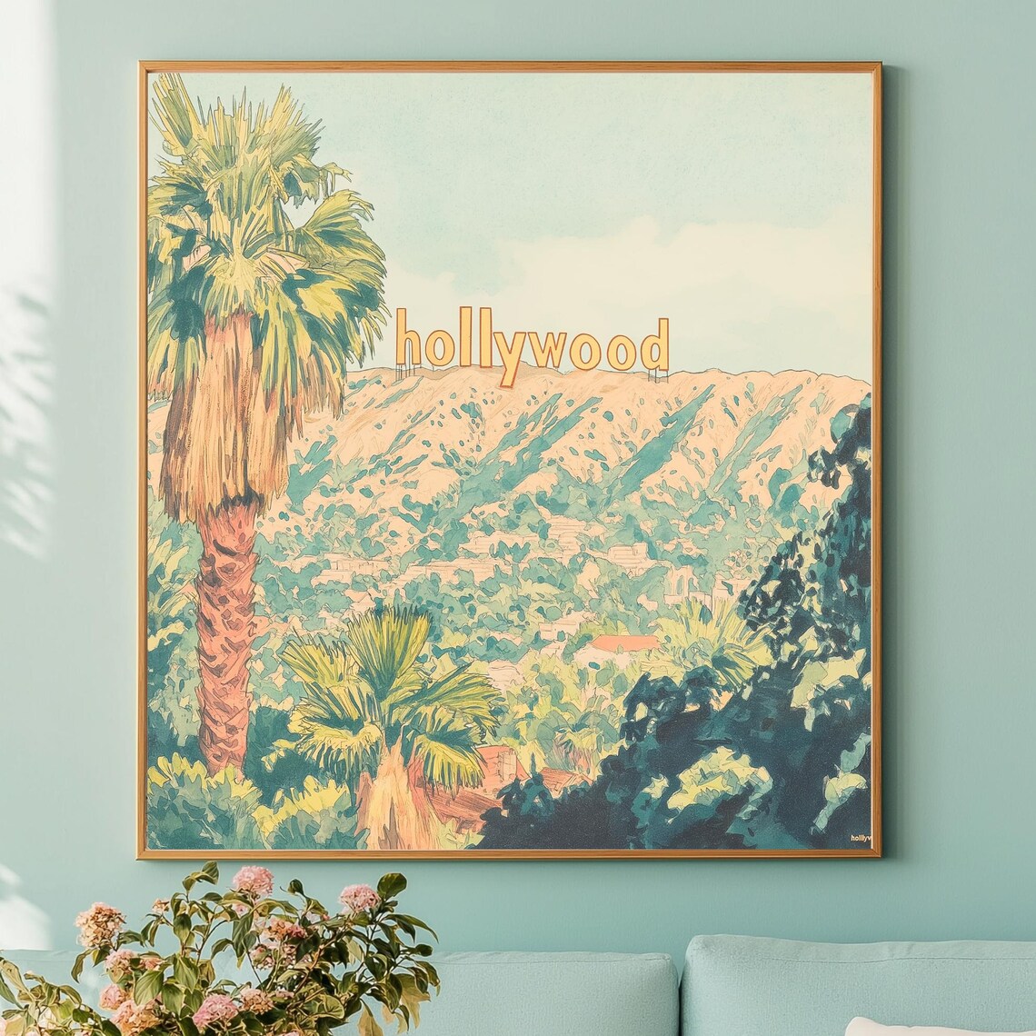 Hollywood Hills Palm Trees Retro Vintage Style Travel Poster