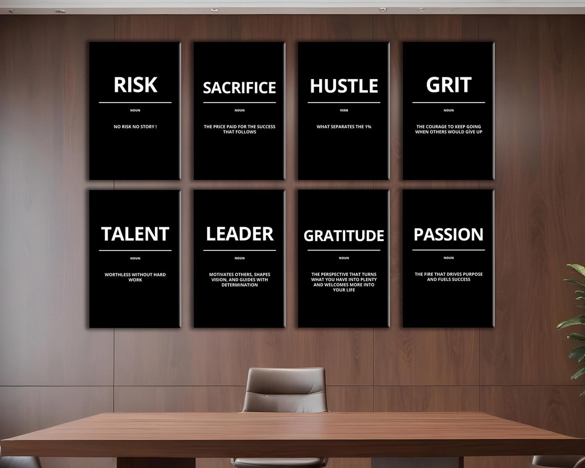 8 Piece Hustle Grit Risk Sacrifice Motivational Definition Poster Set