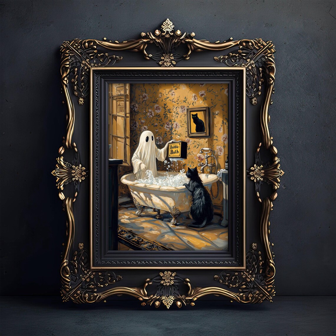 Ghost Pouring Bubble Bath for Black Cat Vintage Victorian Bathroom Poster - Image 3