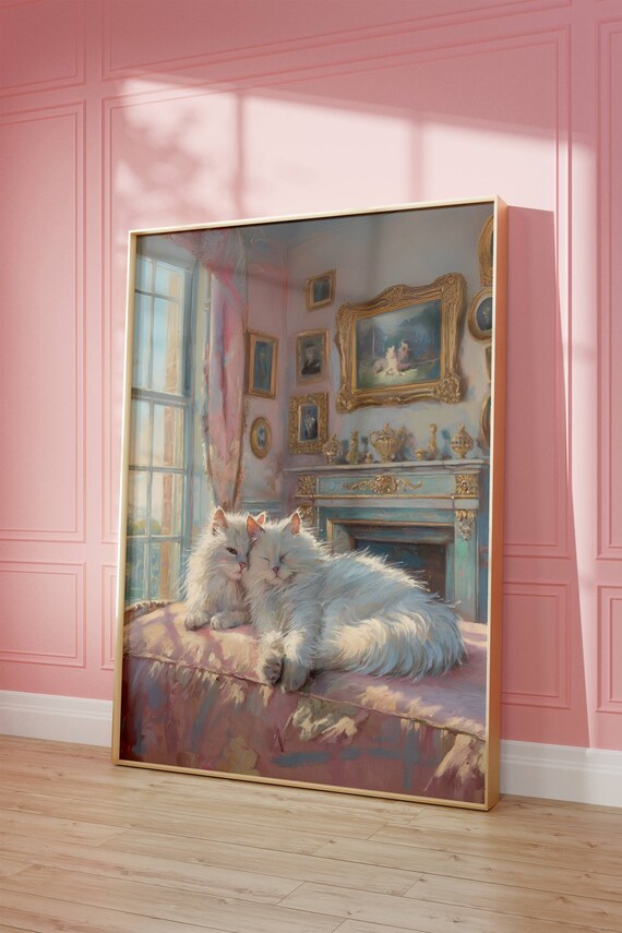 Cuddling White Cats In A Sunlit Vintage Parlor Watercolor Poster