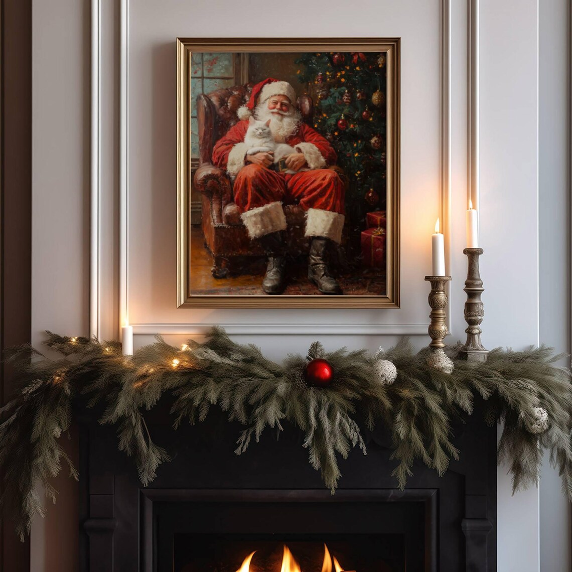 Santa and White Cat Christmas Holiday Art Print - Image 6