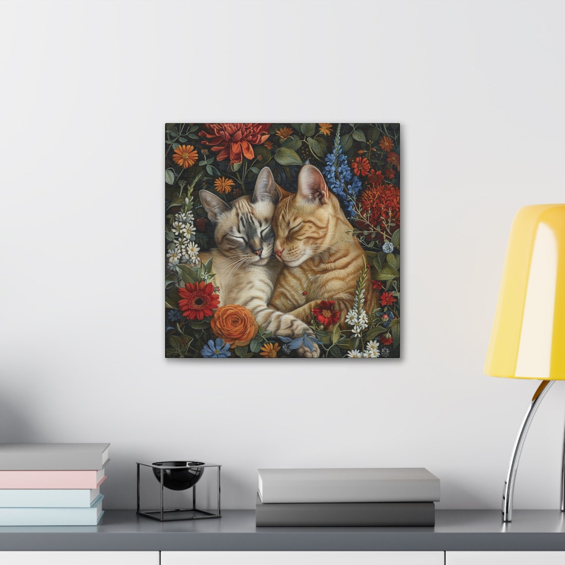 Two Cuddling Cats Napping Among Vibrant Wildflower Blooms Poster - Image 2