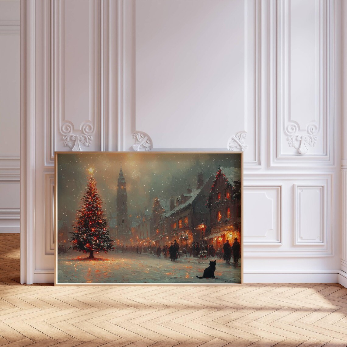 Christmas City Scene With Black Cat, Impressionist Art Print - Image 5