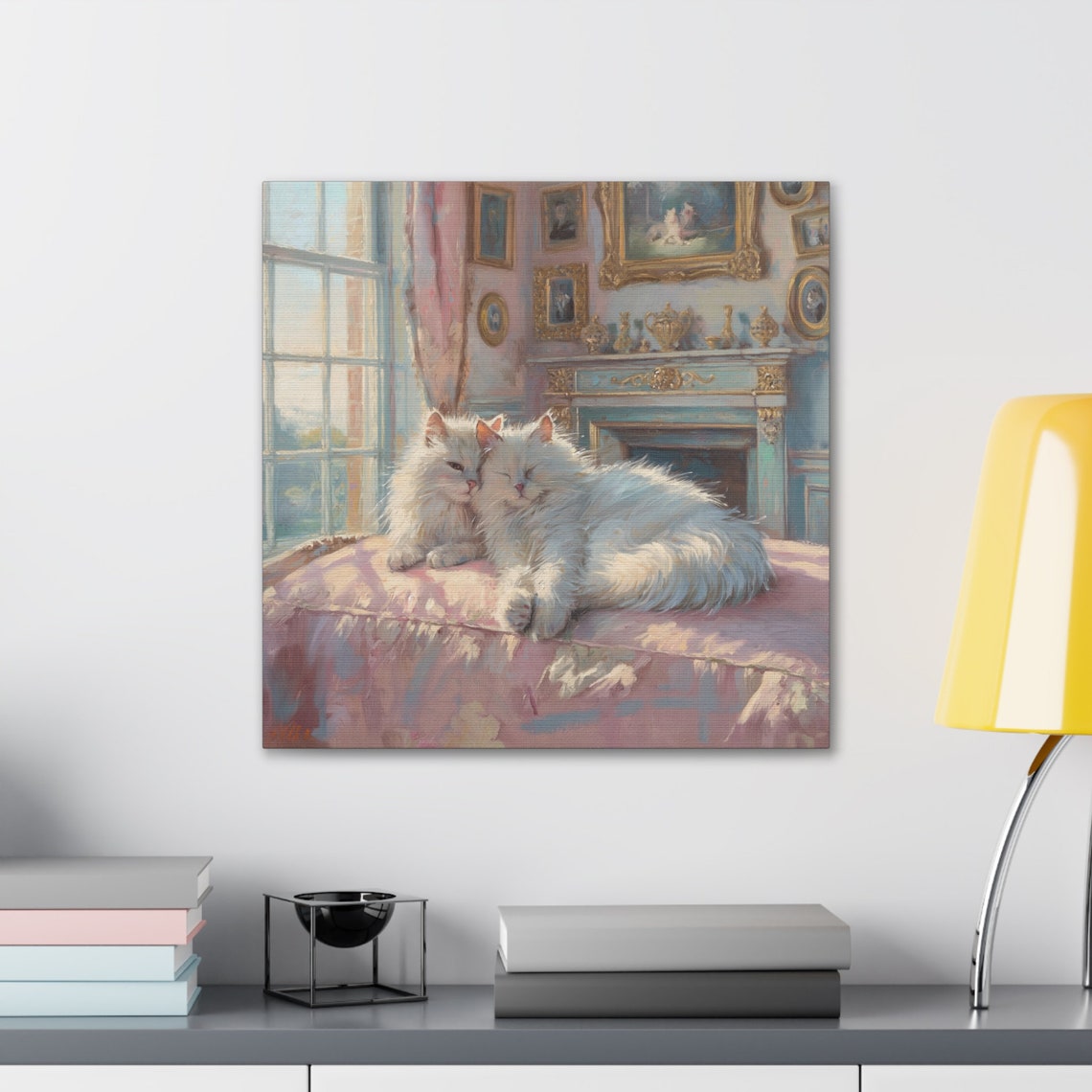 Two Cuddling White Cats on a Pink Cushion by the Fire Poster - Image 3
