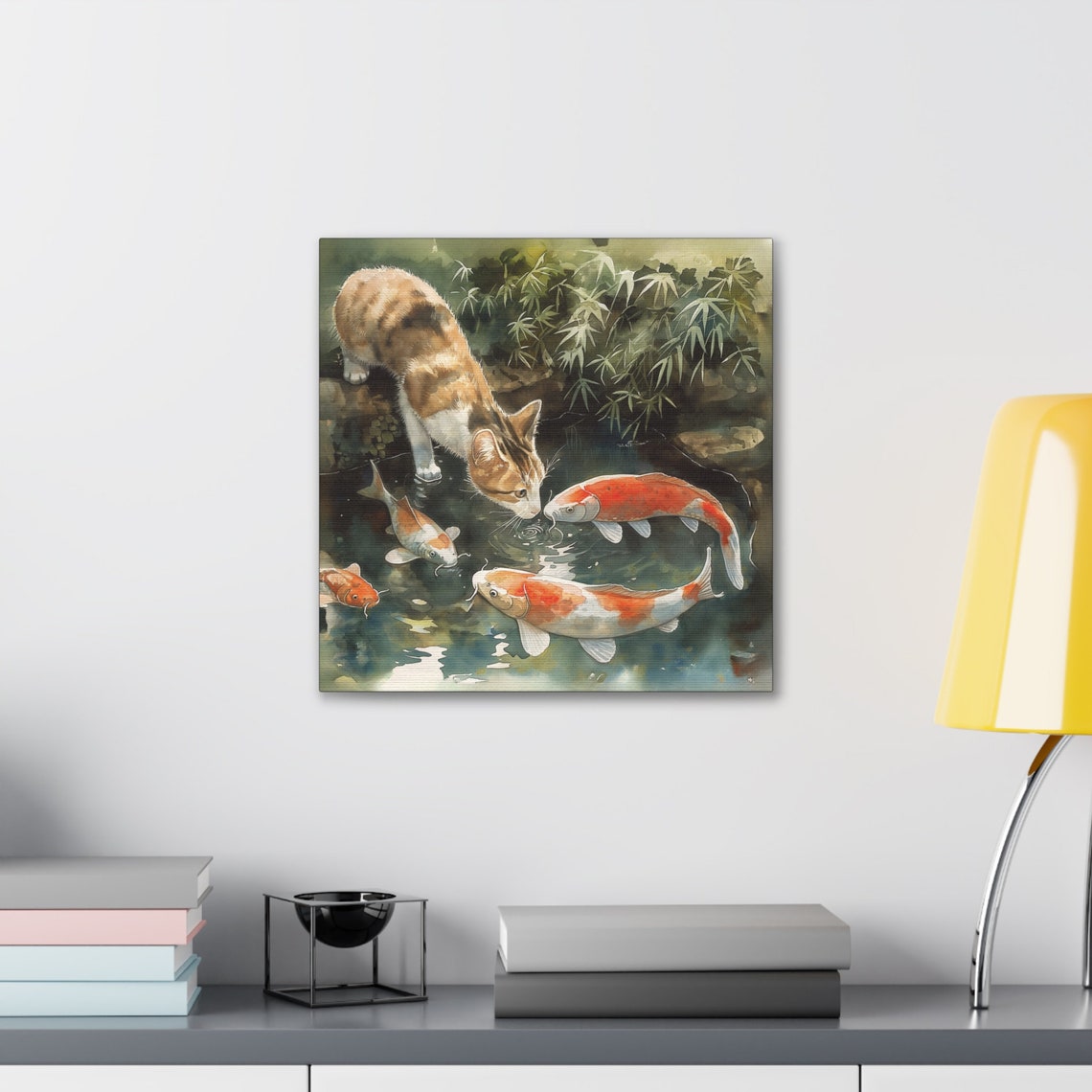 Calico Cat Watching Koi Fish Japanese Pond Watercolor Poster - Image 3