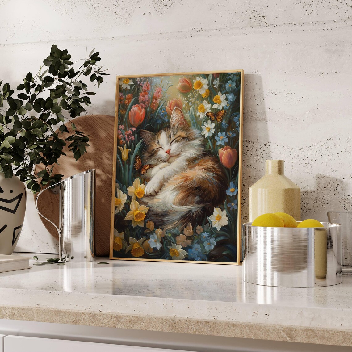 Calico Kitten in Spring Flowers, Floral Cat Print - Image 3