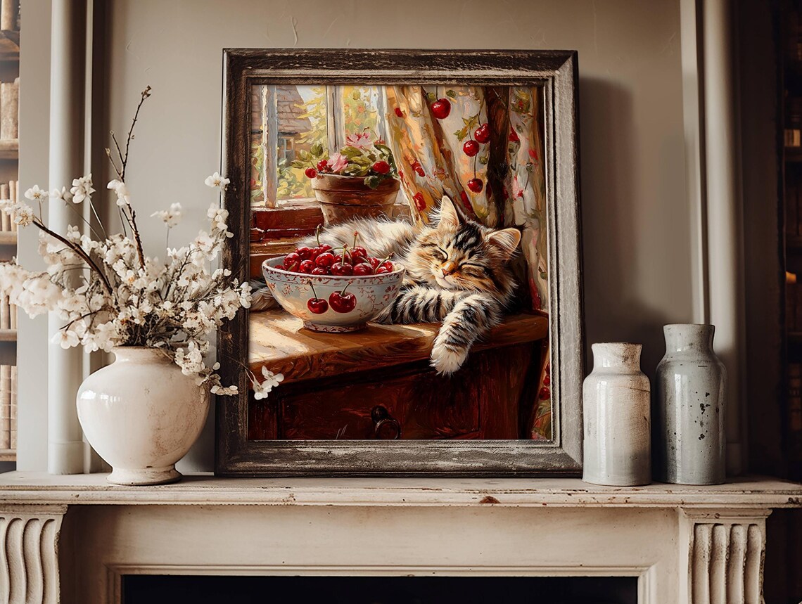 Tabby Cat Farmhouse Kitchen Art Print with Cherries