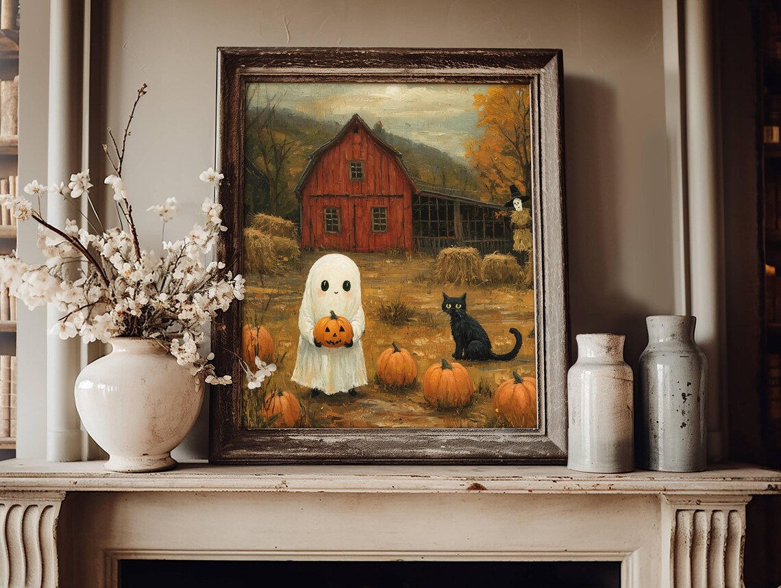 Ghost and Cat in Pumpkin Patch, Whimsigoth Poster - Image 4