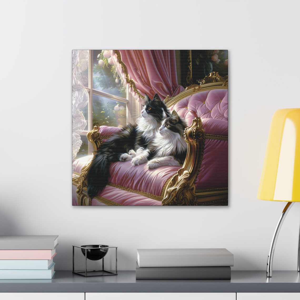 Two Regal Long Haired Cats Lounging on a Pink Velvet Chaise Poster - Image 2