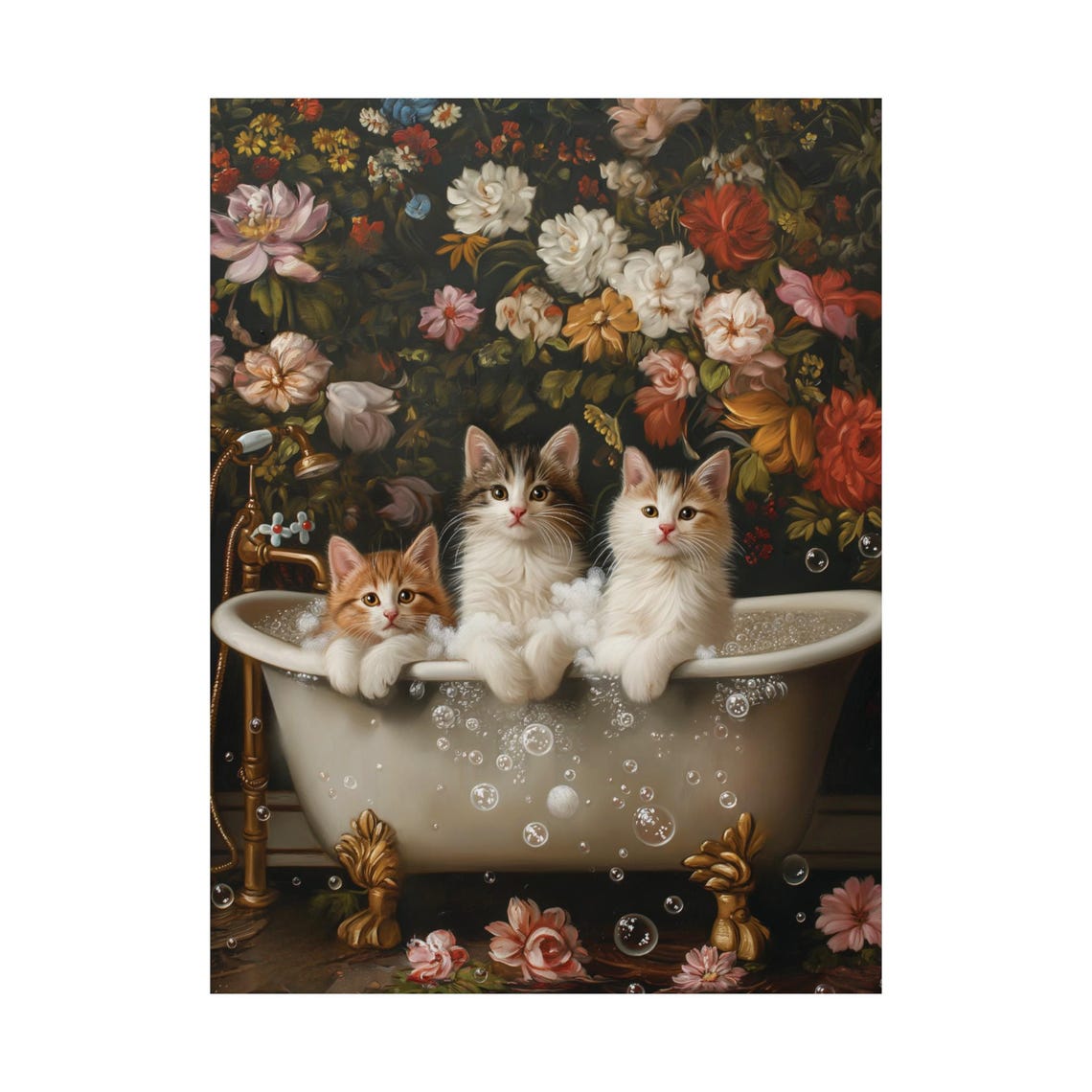 Three Cute Kittens In A Bubble Bath Vintage Floral Art Poster - Image 2