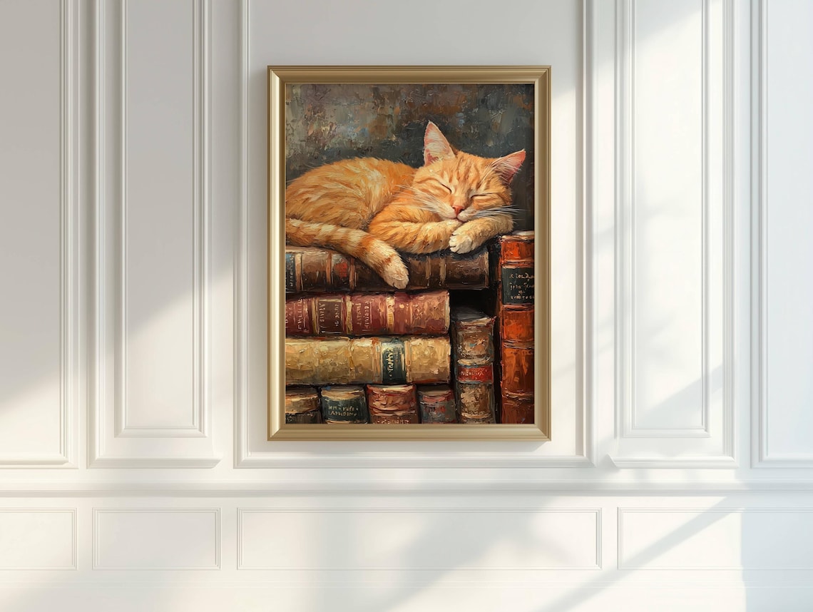 Ginger Cat Sleeping On Books, Light Academia Art Print - Image 2