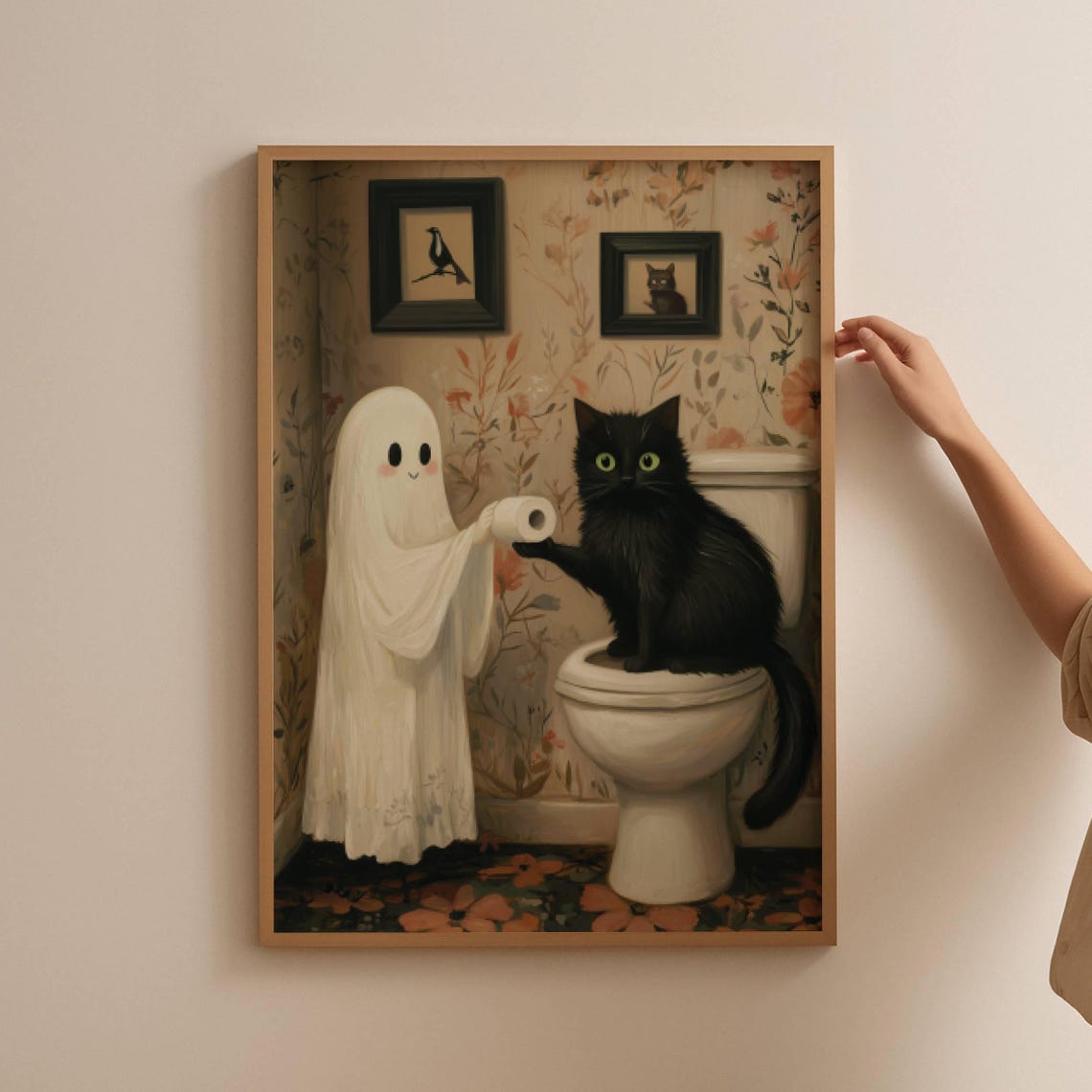 Ghost Handing Toilet Paper to a Black Cat on a Toilet Poster - Image 3