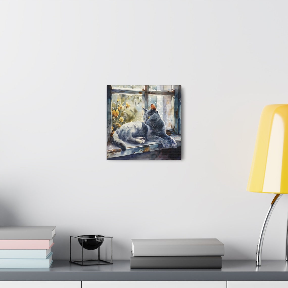 Russian Blue Gray Cat Lounging on Sunny Windowsill Watercolor Poster - Image 3