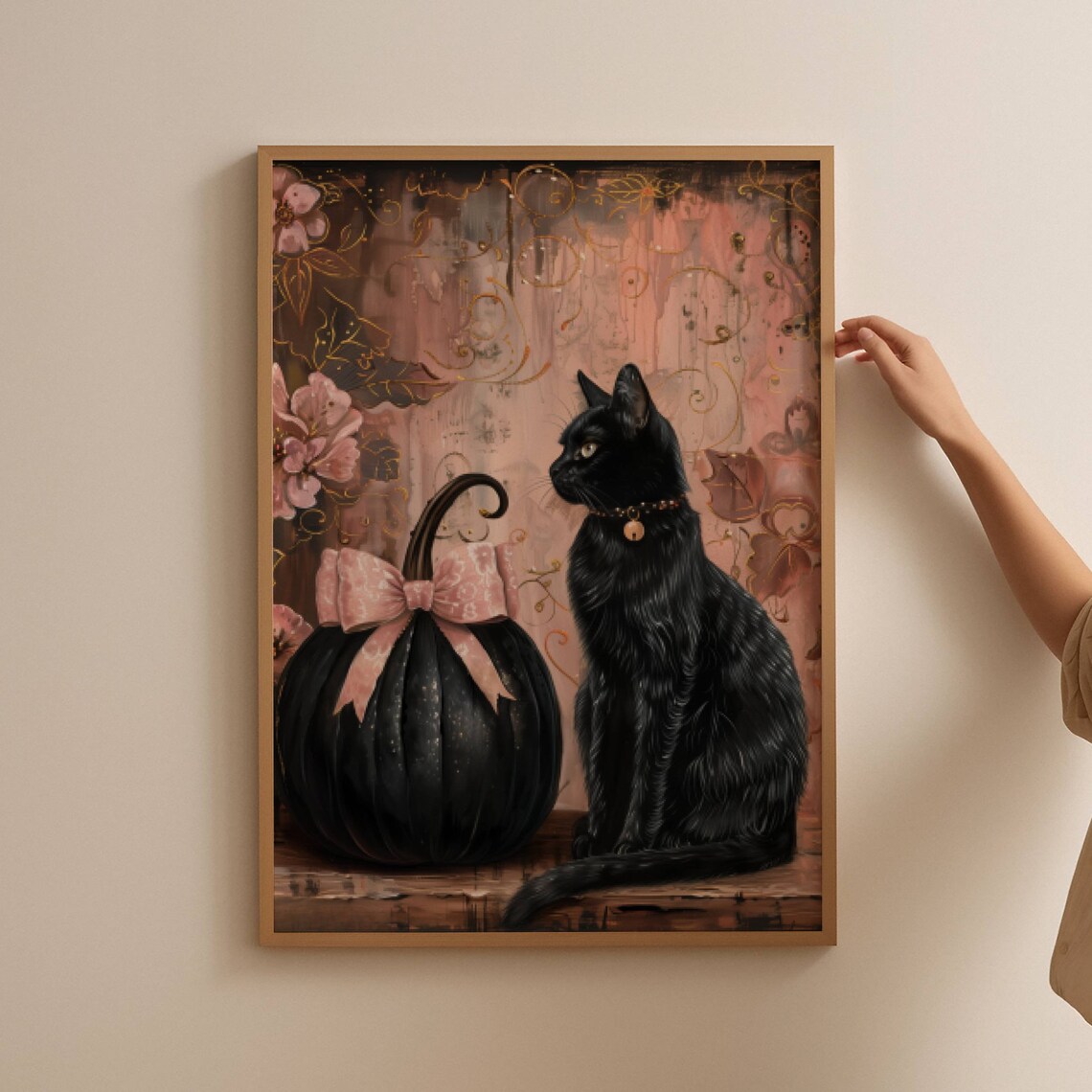 Coquette Black Cat and Pumpkin Halloween Art Print - Image 2