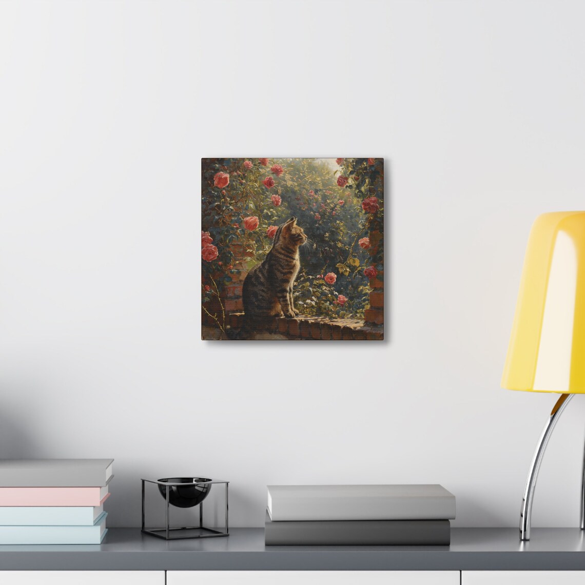 Tabby Cat on Brick Wall Among Red Roses Sunlit Garden Oil Painting Poster - Image 6