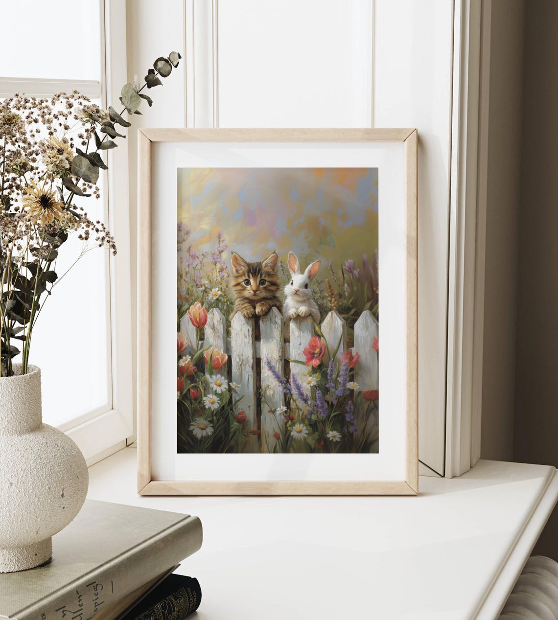 Tabby Kitten and Bunny Peeking Over a Picket Fence Spring Poster - Image 6