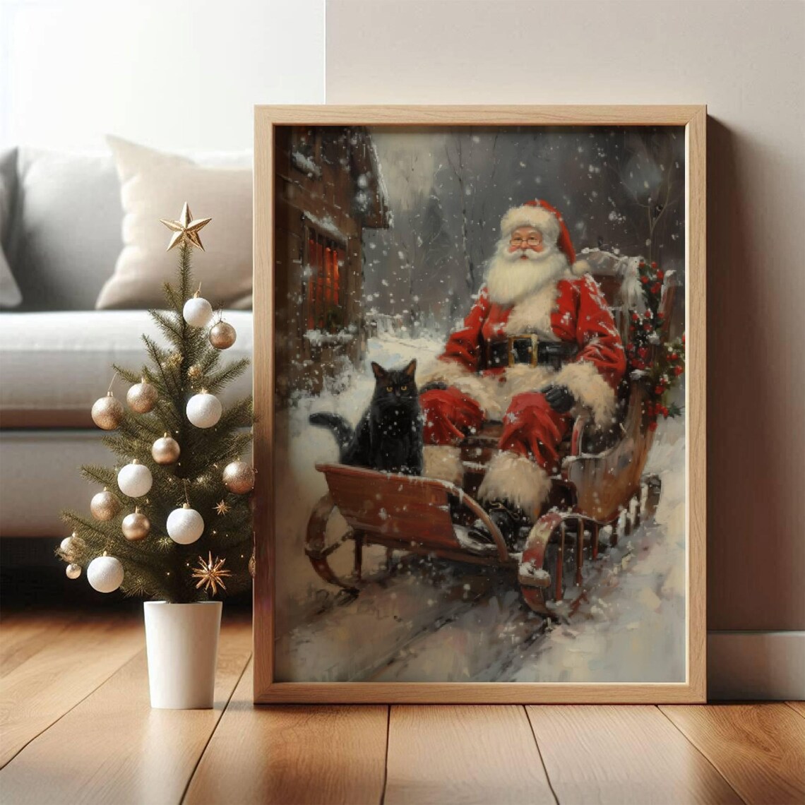 Santa Claus Sleigh Ride With a Black Cat Vintage Christmas Poster - Image 5