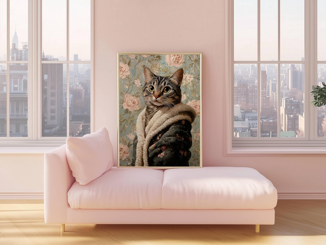 Gray Mackerel Tabby Cat In Bathrobe, Whimsical Print - Image 2