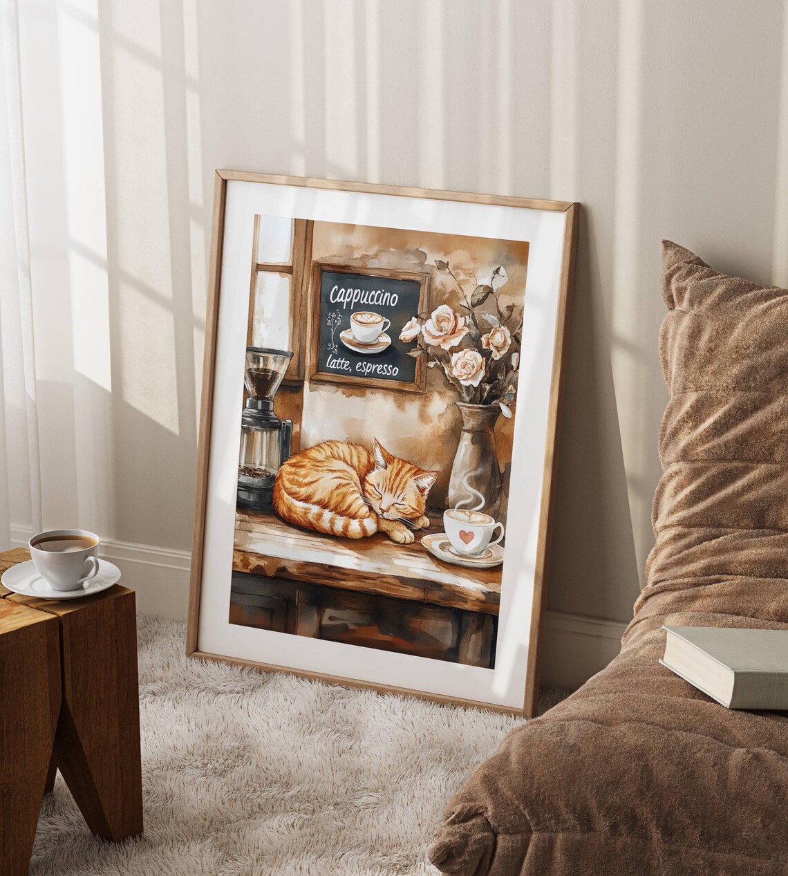 Cozy Orange Tabby Cat Napping Peacefully Beside a Heart-Topped Cappuccino Poster - Image 6