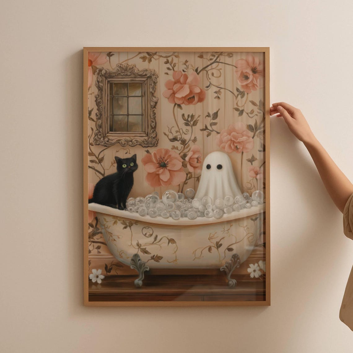Cute Ghost and Black Cat Sharing a Floral Bubble Bath Poster - Image 5
