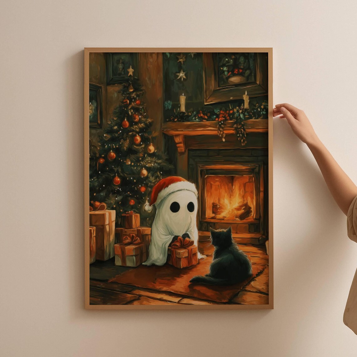 Ghost and Black Cat Christmas Poster, Spooky Holiday Art - Image 3
