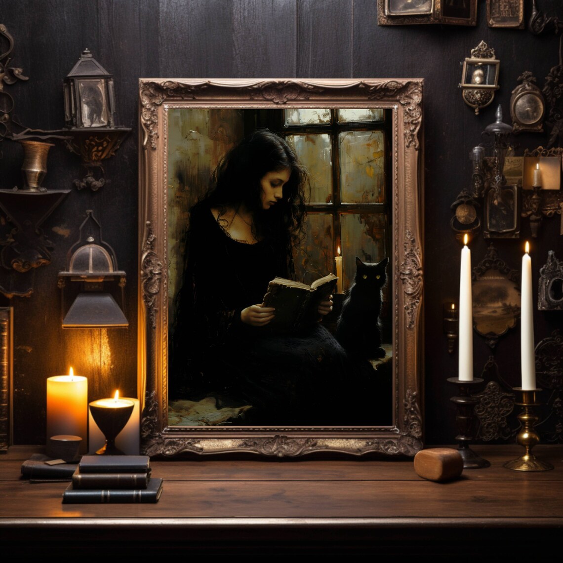 Woman Reading By Candlelight With Black Cat Dark Academia Poster - Image 4