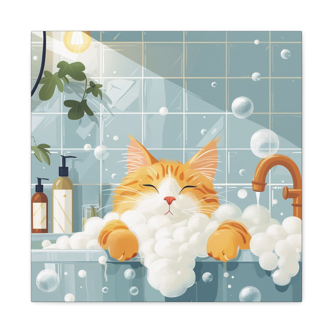 Contented Ginger Cat Relaxing in a Bubble Bath Cartoon Art Poster - Image 3