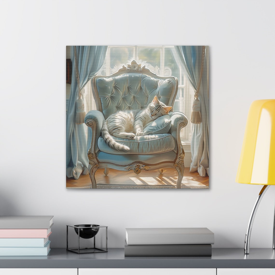 Sleeping Silver Tabby Cat Curled on a Blue Tufted Chair Poster - Image 2