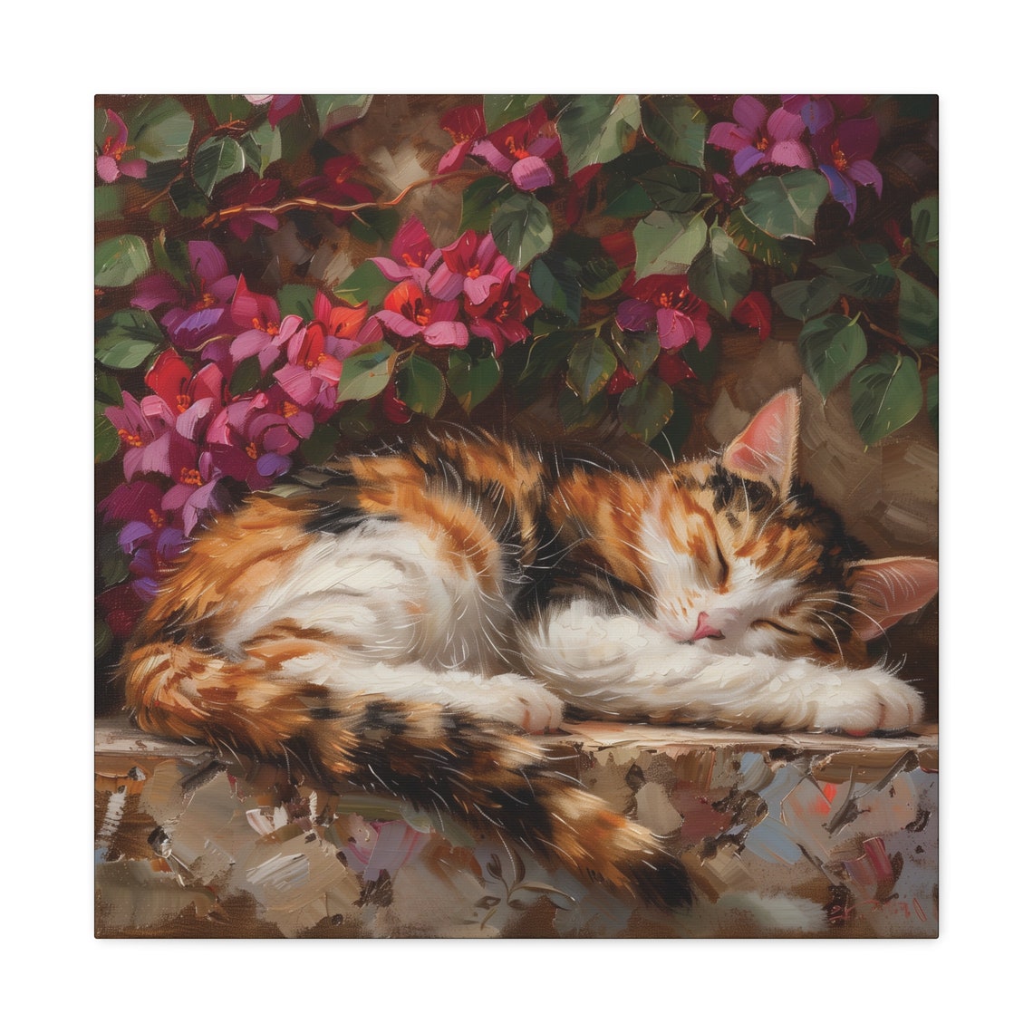 Sleeping Calico Kitten On A Stone Wall Beneath Flowers Oil Poster - Image 2
