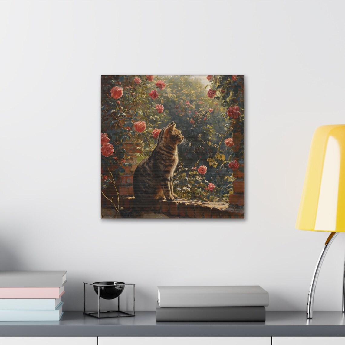 Tabby Cat on Brick Wall Among Red Roses Sunlit Garden Oil Painting Poster - Image 5