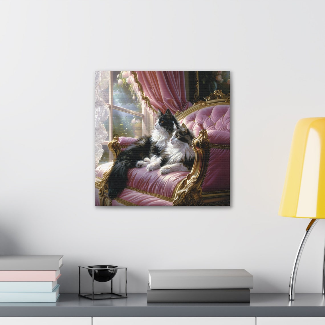 Two Regal Long Haired Cats Lounging on a Pink Velvet Chaise Poster - Image 4
