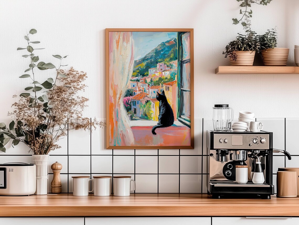 Black Cat on a Windowsill Above a Colorful Coastal Town View Poster - Image 4
