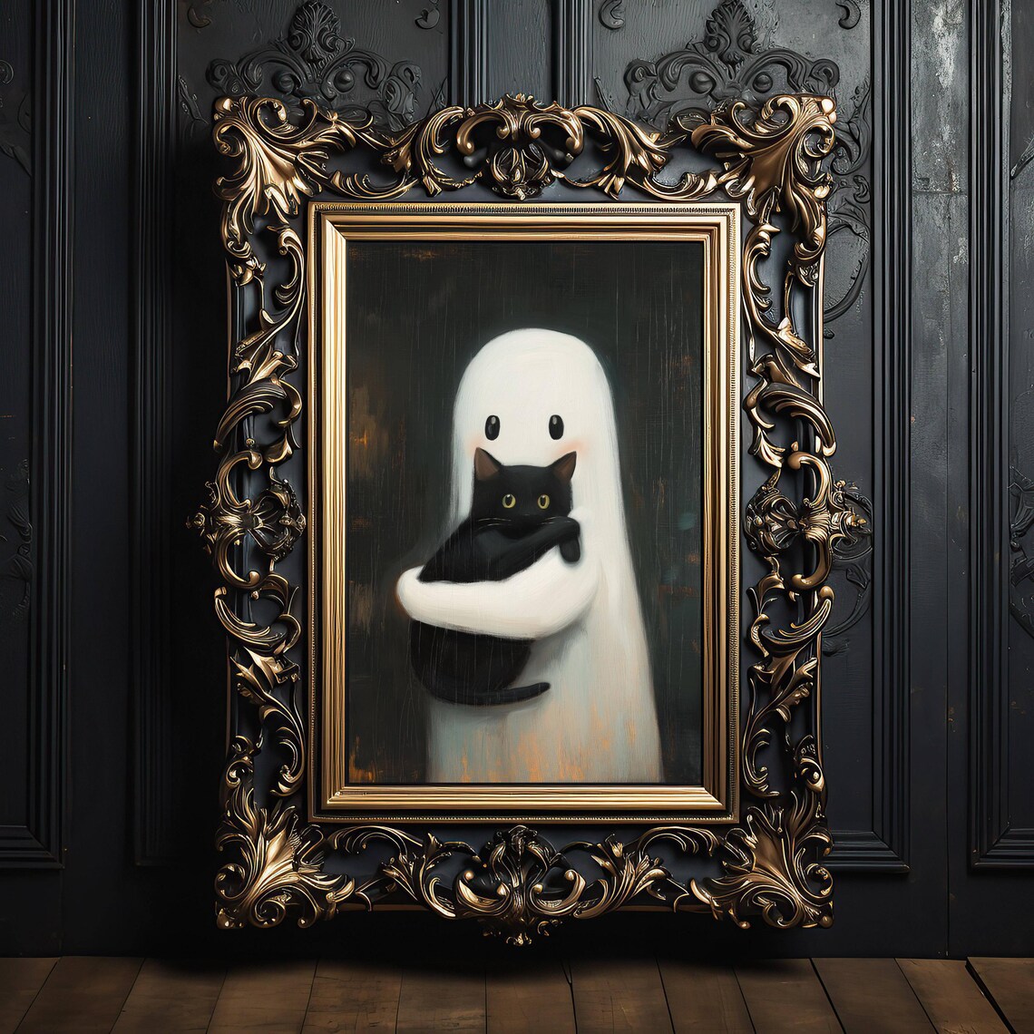 Adorable Little Ghost Hugging a Black Cat Whimsigoth Painting Style Poster - Image 4