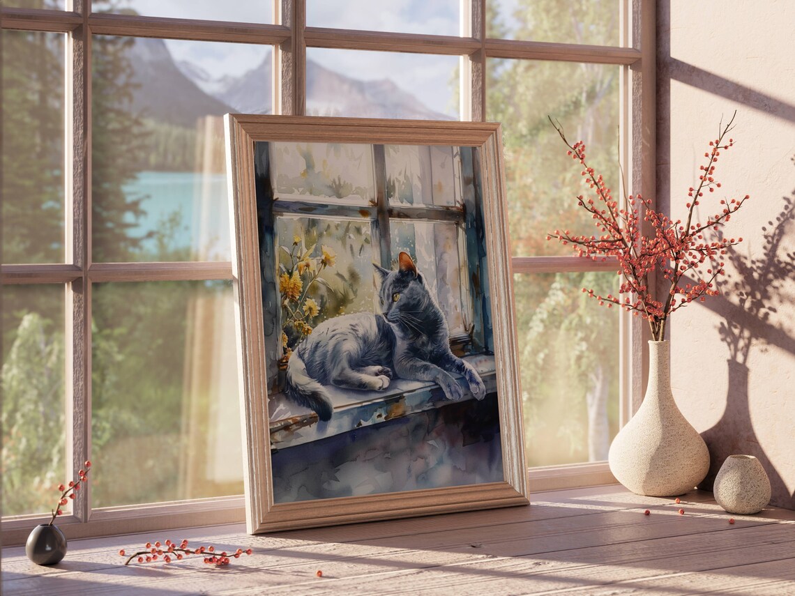 Russian Blue Cat in Window, Cat Wall Art Print - Image 4