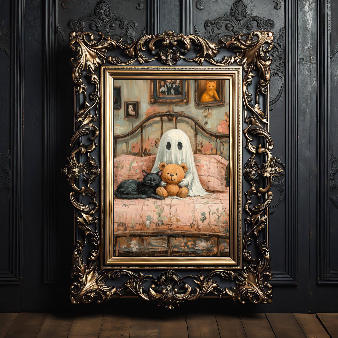Ghost Cuddling a Teddy Bear on a Bed With a Sleeping Cat Poster - Image 6