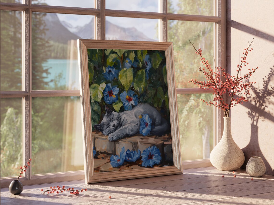 Russian Blue Cat in Hibiscus, Floral Art Print - Image 7