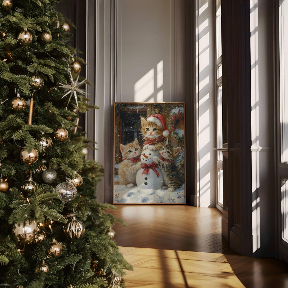 Three Kittens Building A Snowman Christmas Watercolor Poster - Image 5