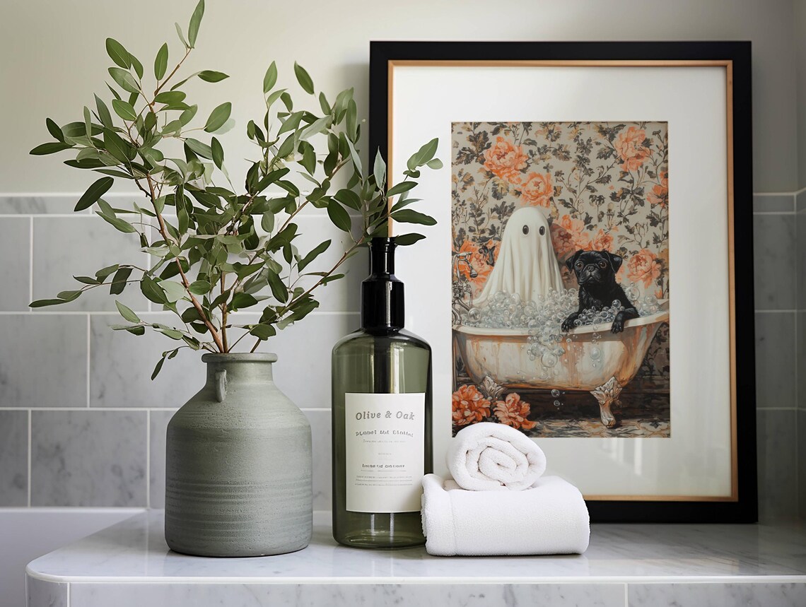 Ghost and Black Pug Bathtub Halloween Art Print - Image 4