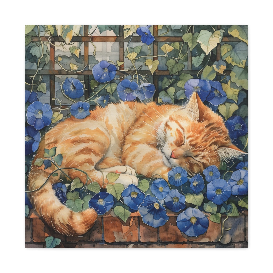 Ginger Cat Napping Among Blue Morning Glory Flowers Floral Poster - Image 4