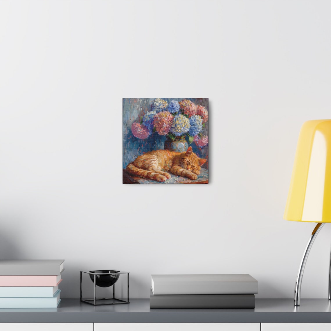 Ginger Cat Sleeping Beneath a Vase of Colorful Hydrangeas Poster - Image 5