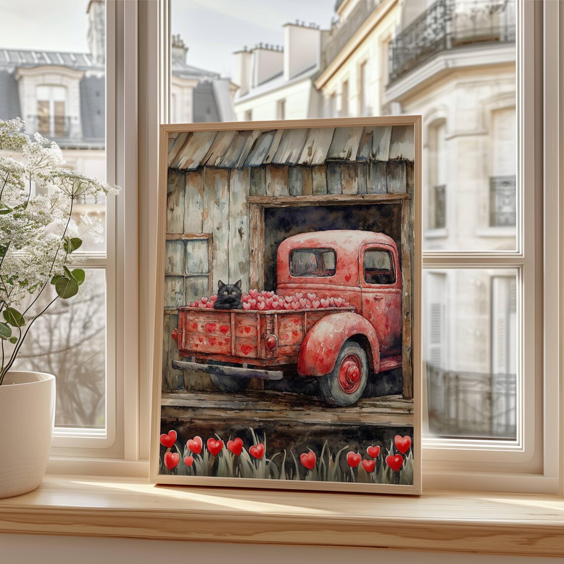 Black Cat in a Vintage Truck Full of Valentine Hearts Poster - Image 3