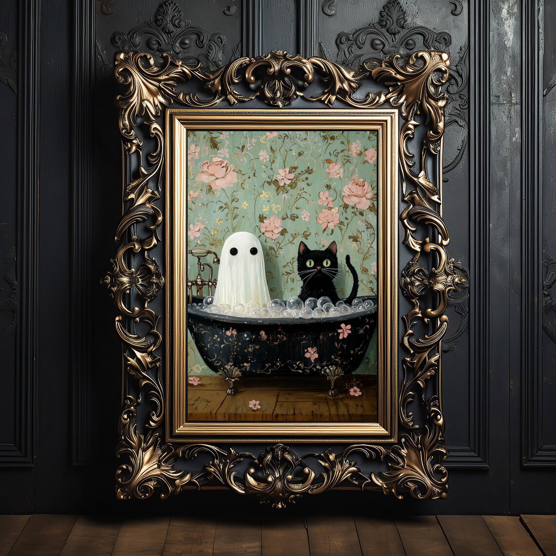 Ghost And Cat In Bath, Funny Cat Wall Art Print