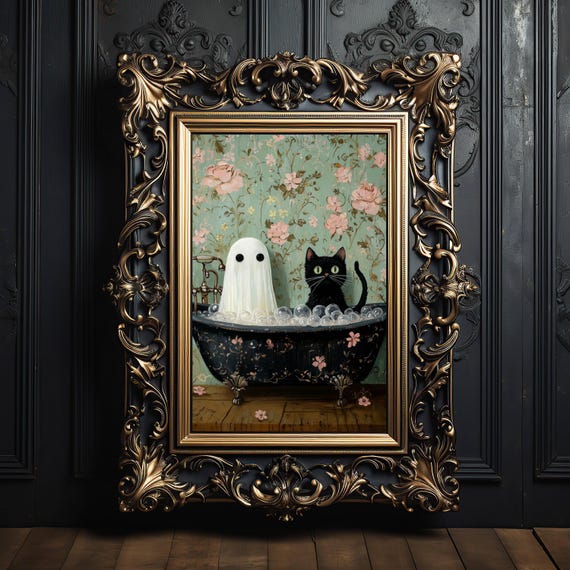 Ghost And Cat In Bath, Funny Cat Wall Art Print