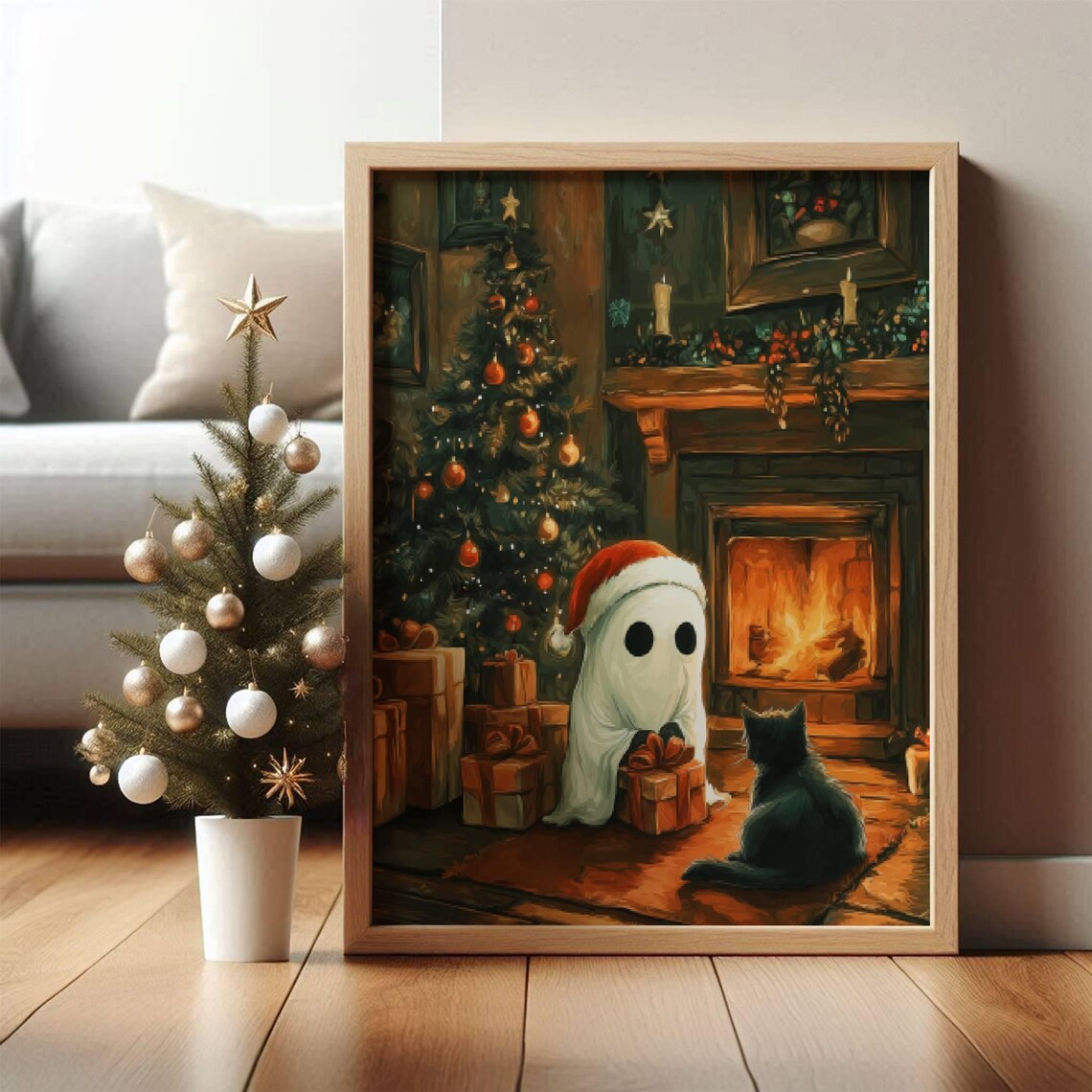 Ghost and Black Cat Christmas Poster, Spooky Holiday Art
