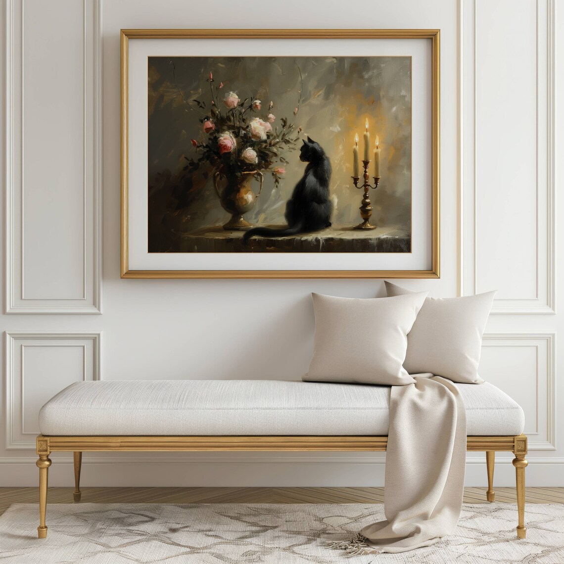 Moody Floral Black Cat, Botanical Art Print Decor - Image 2