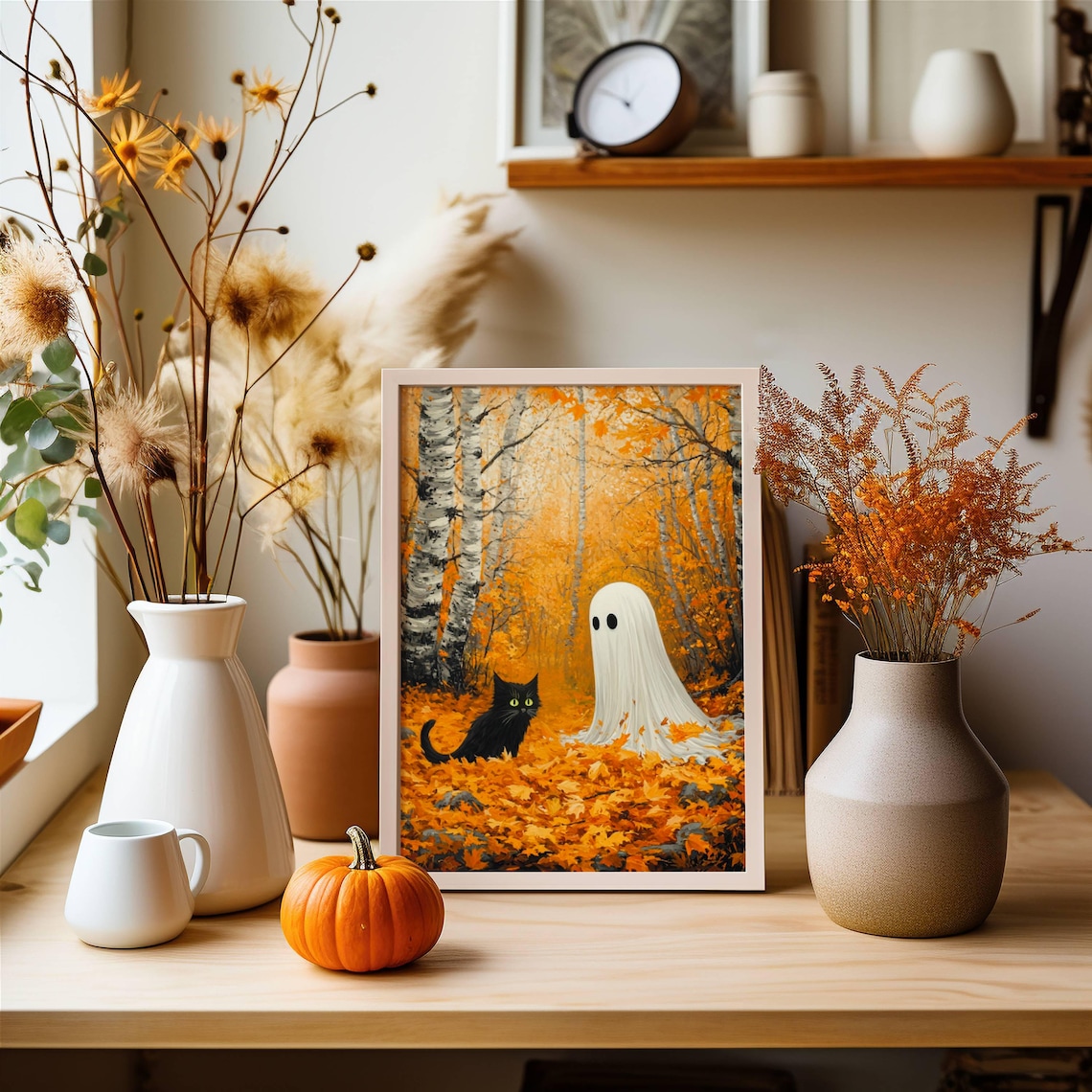 Ghost And Cat In Autumn Leaves, Whimsigoth Halloween Art Print - Image 5