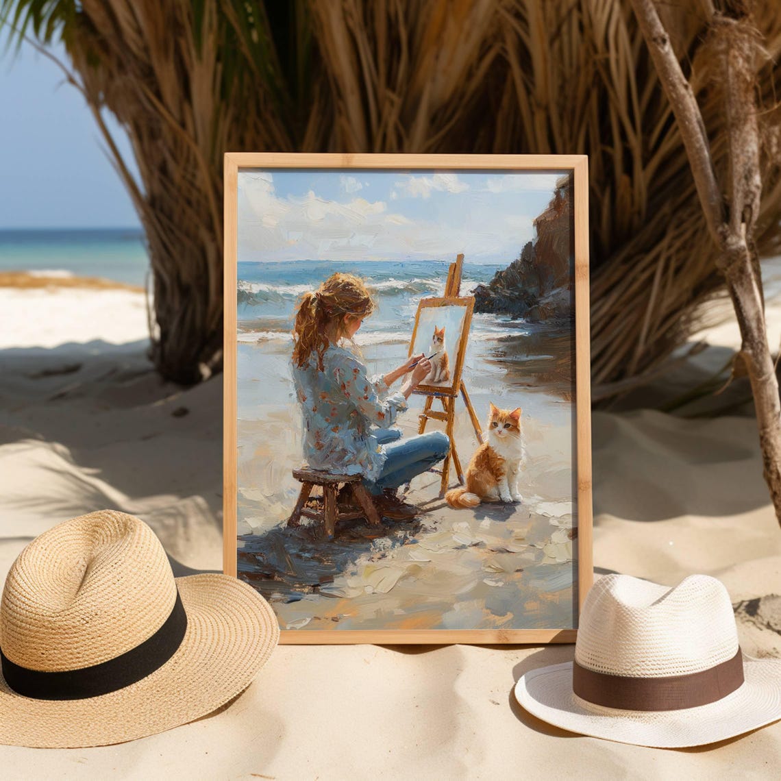 Woman Painting a Ginger Cat on a Sunny Beach Plein Air Art Poster - Image 3