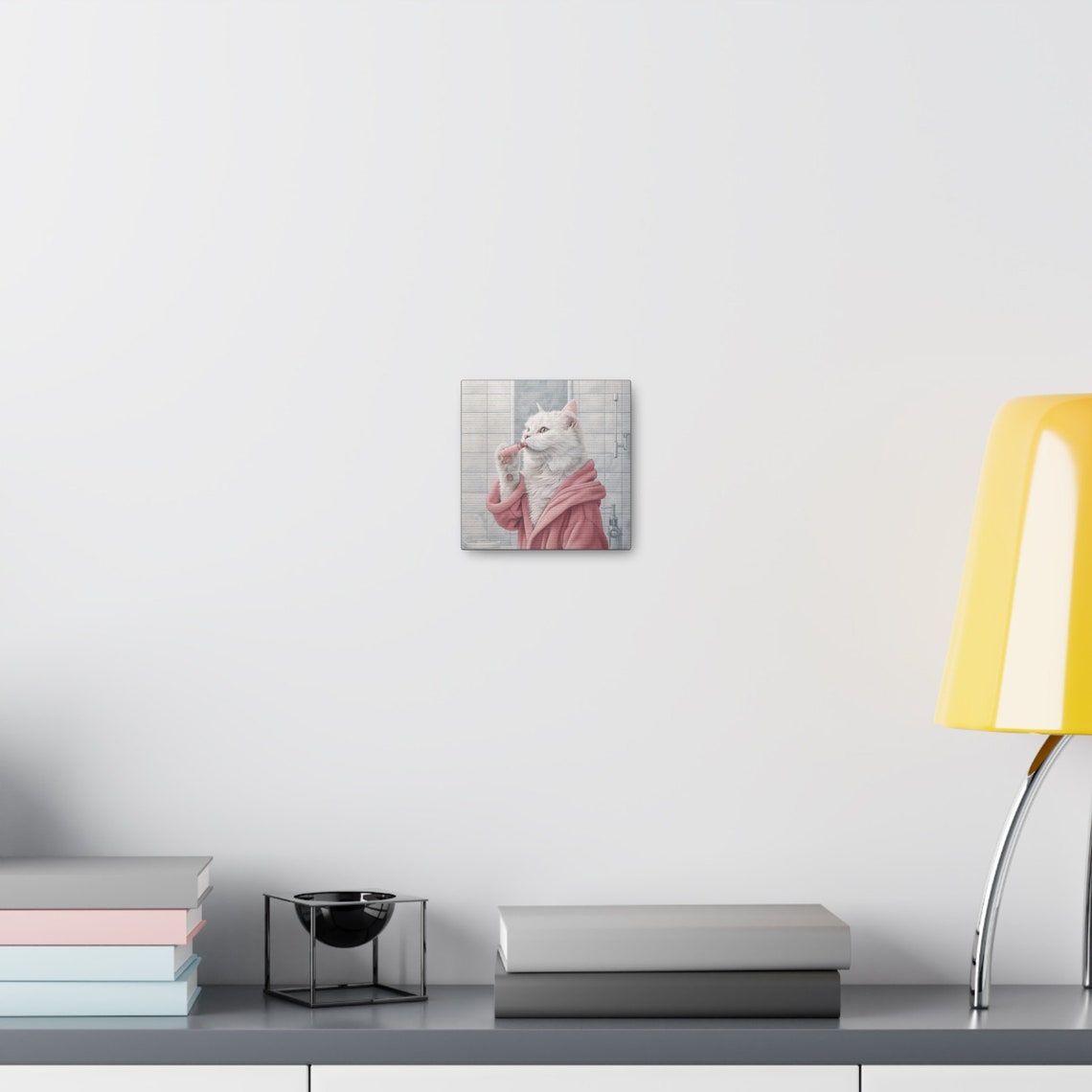 White Cat in Pink Bathrobe Applying Lipstick Bathroom Poster - Image 2